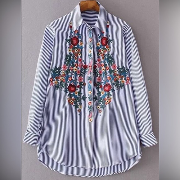 Zara oversized poplin stripe embroidery floral shirt - Picture 2 of 11